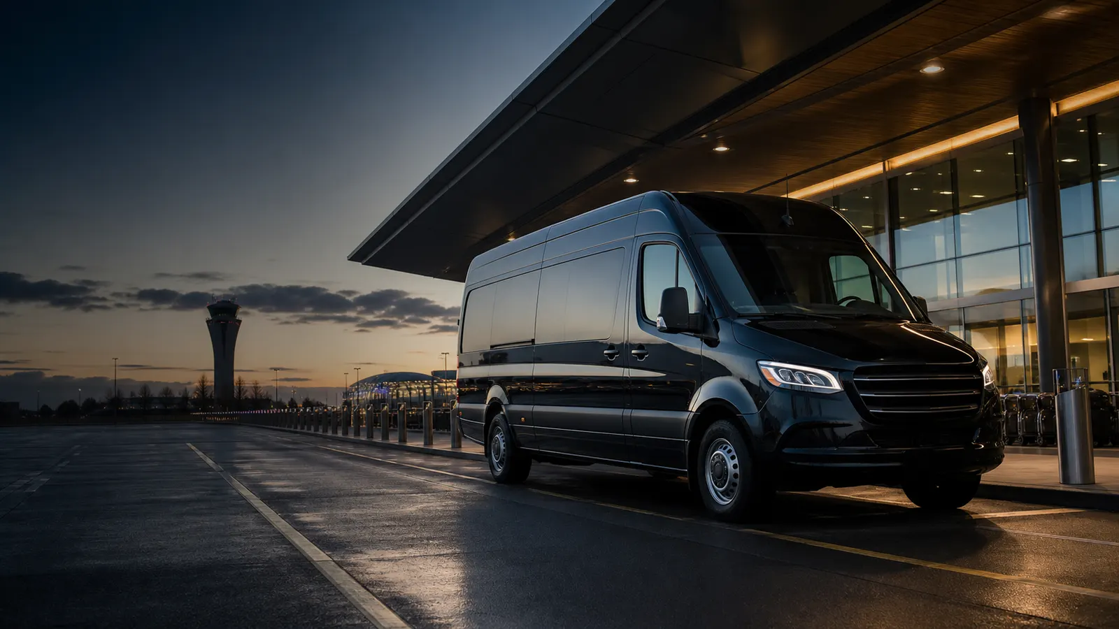 Luxury black shuttle vehicle at Portland airport curbside for Portland airport transportation